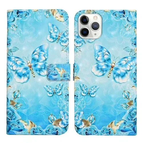 Funda de teléfono iPhone 11 Pro cuero con dibujo 3D en relieve al óleo (Mariposas Azules)