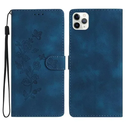 Funda de Teléfono iPhone 11 Pro Cuero Estampado de Flores en Relieve (Azul)