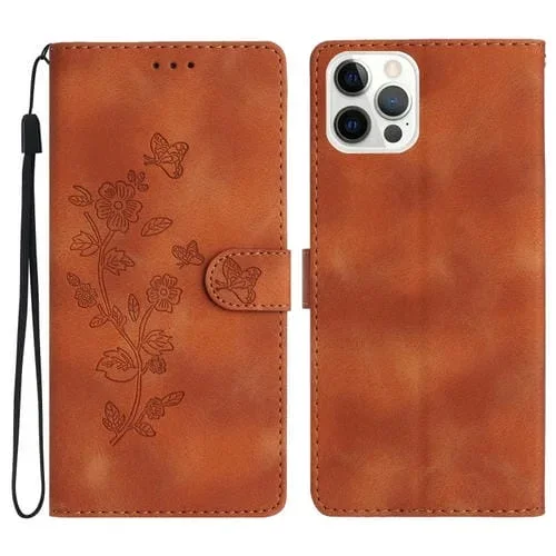 Funda de Teléfono iPhone 12/12 Pro Cuero Estampado de Flores En Relieve (Marrón)