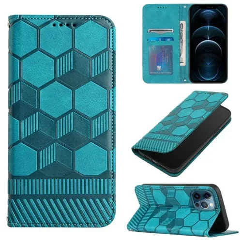 Funda de teléfono iPhone 12 Pro Max con tapa de cuero magnético textura de fútbol (Azul Claro)