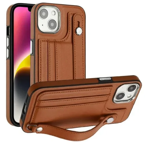 Funda de Teléfono iPhone 13 Cuero a Prueba de Golpes con Correa para Muñeca (Marrón)