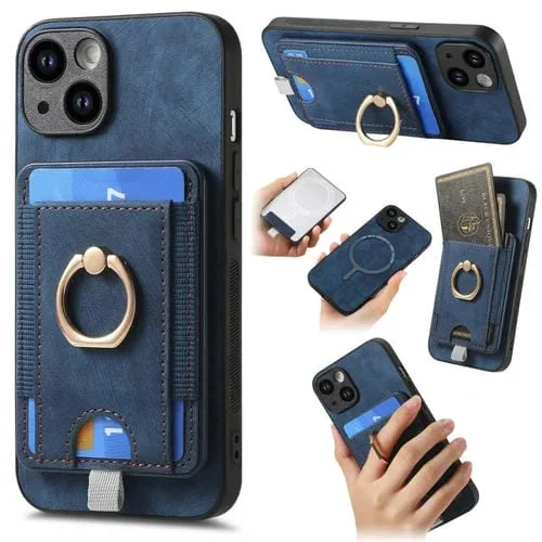 Funda de Teléfono iPhone 13 Cuero con Bolsa de Tarjeta Magnética Divisible Retro (Azul)