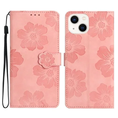 Funda de Teléfono iPhone 13 Cuero Estampado Flores en Relieve (Rosa)