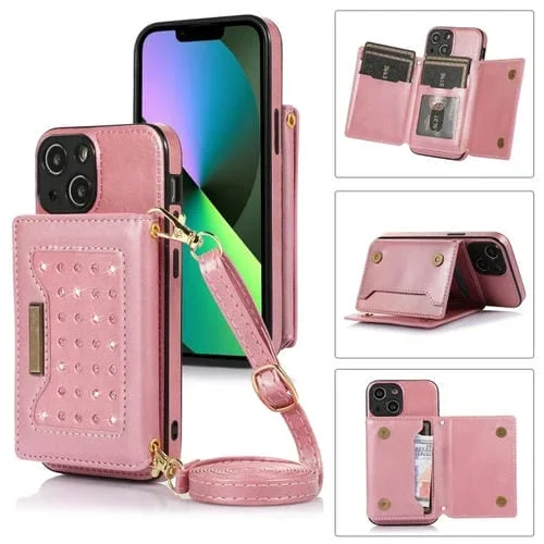 Funda de Teléfono iPhone 13 Mini Cuero Rfid Tres Pliegues con Cordón (Oro Rosa)