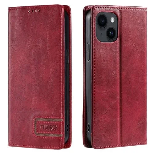 Funda de Teléfono iPhone 13 Mini Ttudrch Rfid Cuero Magnético Textura Retro (Rojo)