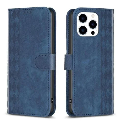 Funda de Teléfono iPhone 13 Pro Cuero En Relieve a Cuadros (Azul)