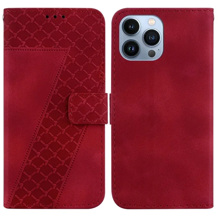 Funda de Teléfono iPhone 13 Pro Cuero En Relieve En Forma de 7 (Rojo)