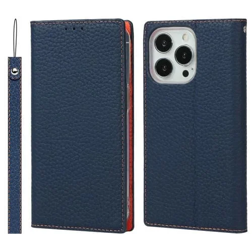 Funda de teléfono iPhone 13 Pro cuero genuino litchi texture con cordón soporte ranuras tarjetas billetera (Azul Oscuro)