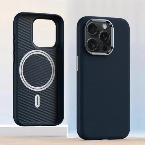 Funda de teléfono iPhone 13 Pro Marco de Lente de metal Magsafe de cuero a prueba de golpes (Azul)