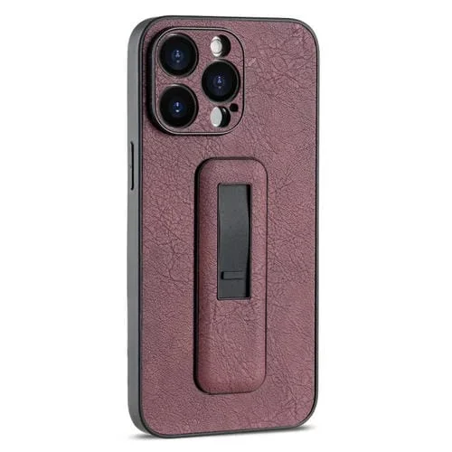 Funda de teléfono iPhone 13 Pro Max a prueba de golpes con soporte push-pull de cuero PU (Rojo Vino)