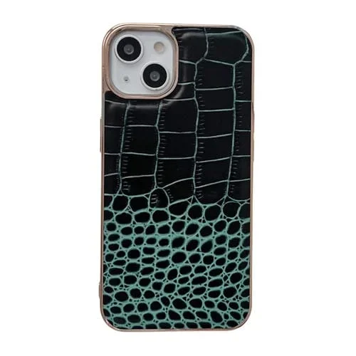 Funda de Teléfono iPhone 13 Textura de Cocodrilo Nano Galvanoplastia Cuero Genuino (Verde Oscuro)