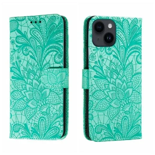 Funda de Teléfono iPhone 14 / 13 Cuero Tapa Estampado Flores Encaje (Verde)