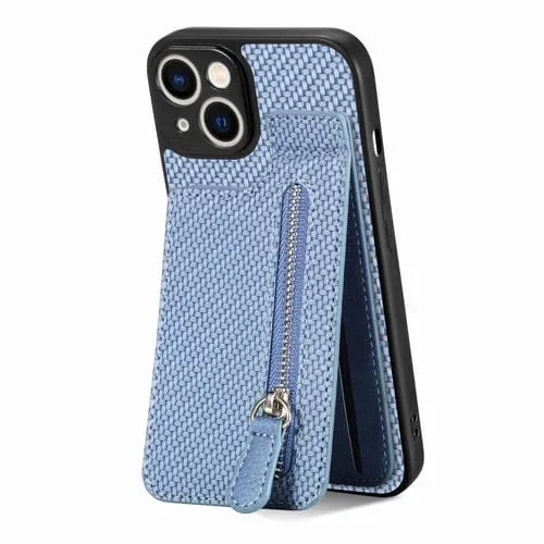 Funda de teléfono iPhone 14 con cremallera vertical fibra de carbono (Azul)