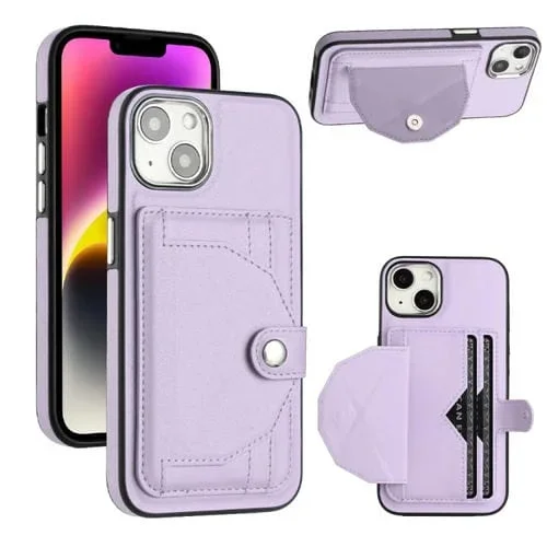 Funda de Teléfono iPhone 14 Cuero a Prueba de Golpes con Tarjetero (Púrpura)