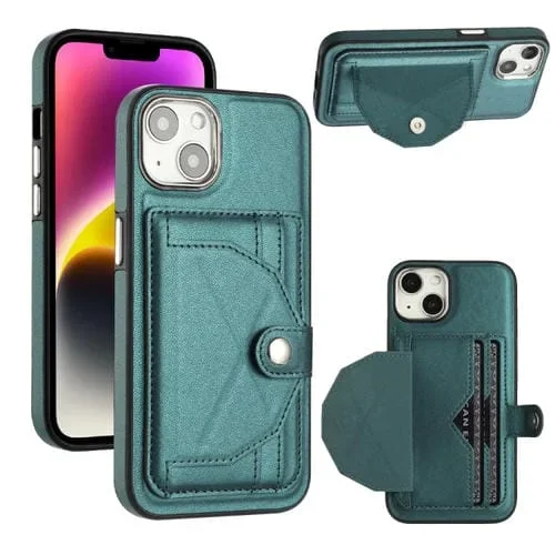 Funda de Teléfono iPhone 14 Cuero a Prueba de Golpes con Tarjetero (Verde)