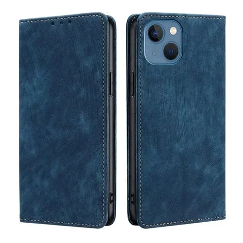 Funda de Teléfono iPhone 14 Cuero Magnético Rfid Antirrobo con Cepillo (Azul)