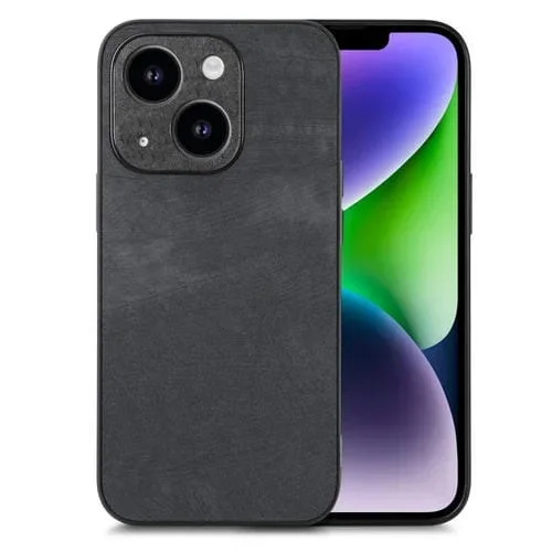 Funda de teléfono iPhone 14 Plus con Contraportada de PC de Cuero Vintage (Negro)