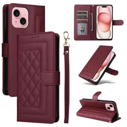 Funda de Teléfono iPhone 15 con Tapa de Cuero Diamond Lattice (Rojo Vino)