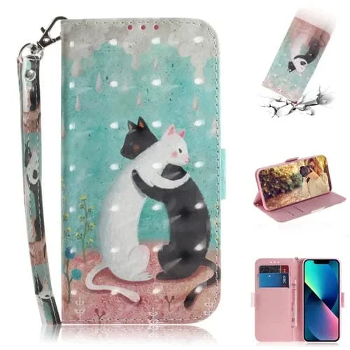 Funda de Teléfono iPhone 15 Cuero con Tapa Horizontal Color 3D (Gato Blanco y Negro)
