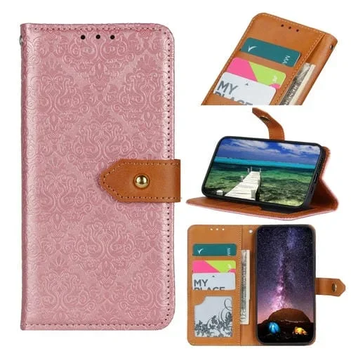 Funda de Teléfono iPhone 15 Cuero En Relieve Floral Europeo (Rosa)