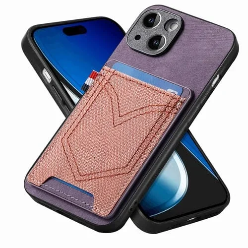 Funda de Teléfono iPhone 15 Piel de Cuero Textura de Mezclilla Ranura para Tarjeta (Púrpura)