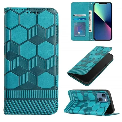 Funda de Teléfono iPhone 15 Plus con Tapa de Cuero Magnético Textura de Fútbol (Azul Claro)