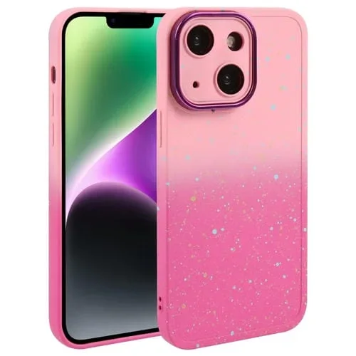 Funda de Teléfono iPhone 15 Plus Silicona Estrellada Degradada con Película de Lente (Rosa Rojo)