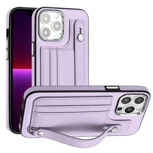 Funda de Teléfono iPhone 15 Pro Cuero a Prueba de Golpes con Correa para Muñeca (Púrpura)
