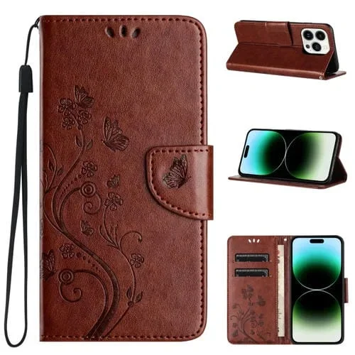 Funda de Teléfono iPhone 15 Pro Cuero con Tapa Patrón Flores Mariposa (Marrón)