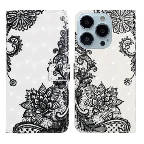 Funda de Teléfono iPhone 15 Pro Cuero Dibujo 3D En Relieve al Óleo (Flor de Encaje)