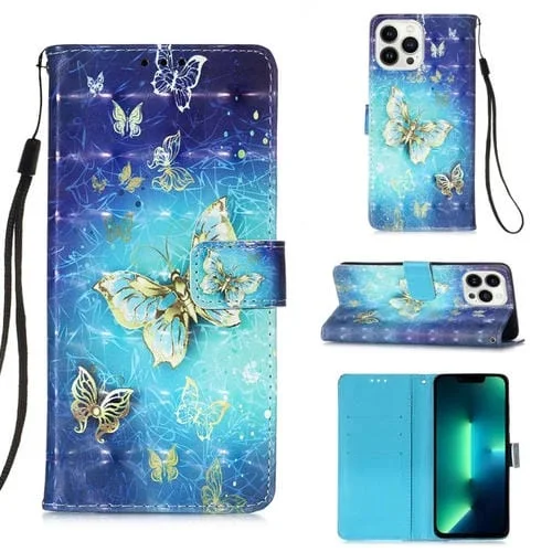 Funda de teléfono iPhone 15 Pro Max 3D Pintura Cuero con Tapa Horizontal (Mariposa Dorada)