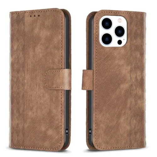 Funda de Teléfono iPhone 15 Pro Max Cuero En Relieve a Cuadros (Marrón)