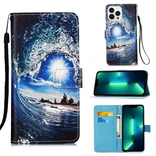 Funda de Teléfono iPhone 15 Pro Patrón de Dibujo Coloreado Cuero Tejido Liso (Olas y Sol)