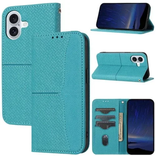 Funda de Teléfono iPhone 16 Cuero Magnético con Costura Textura Tejida (Azul)