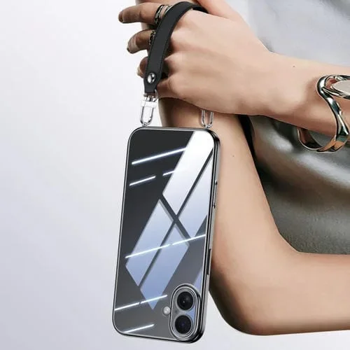 Funda de teléfono iPhone 16 Sulada Marco suave TPU Transparente Galvanizado con correa (Negro)