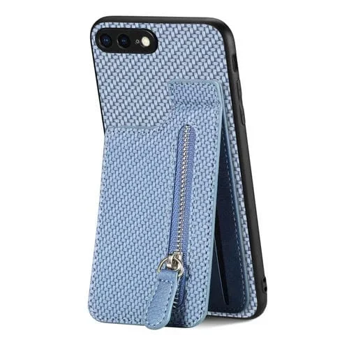 Funda de teléfono iPhone SE 2022/2020/7/8 con cremallera y tapa vertical de fibra de carbono (Azul)