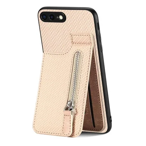 Funda de Teléfono iPhone SE 2022/2020/7/8 Cremallera Vertical Fibra de Carbono (Caqui)