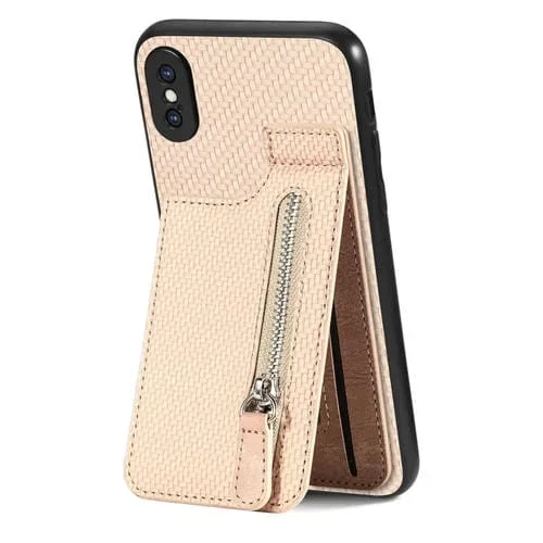 Funda de teléfono iPhone X Xs con cremallera vertical de fibra de carbono (Caqui)