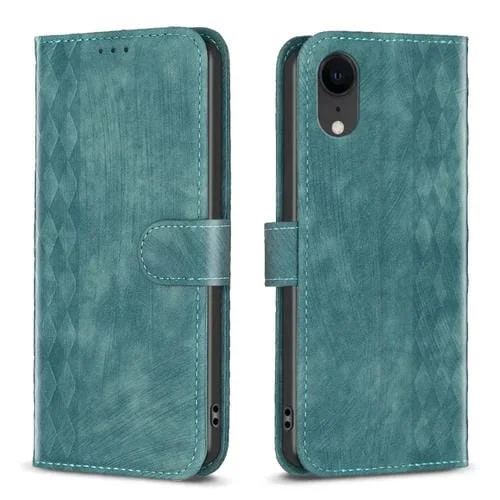 Funda de Teléfono iPhone Xr Cuero En Relieve a Cuadros (Verde)