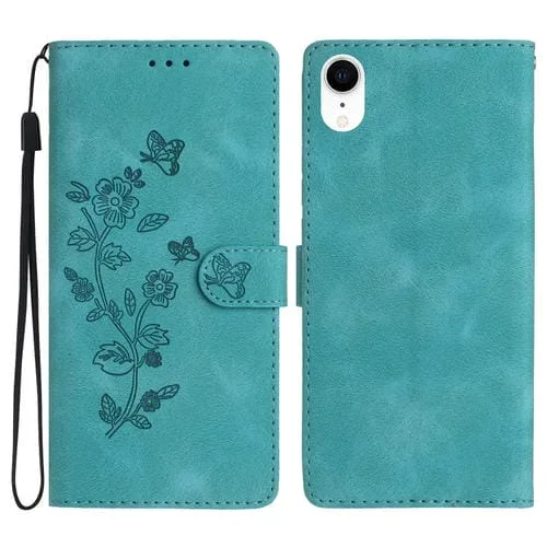 Funda de Teléfono iPhone Xr Cuero Estampado Flores en Relieve (Azul Cielo)