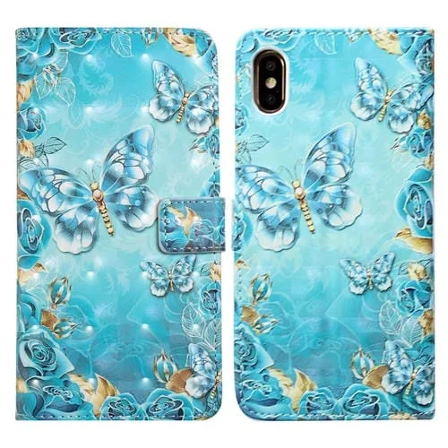 Funda de Teléfono iPhone Xs Max Cuero Dibujo 3D Relieve al Óleo (Mariposas Azules)