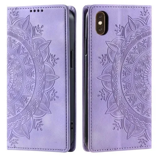 Funda de Teléfono iPhone Xs / S Totem Cuero Magnético En Relieve (Púrpura)