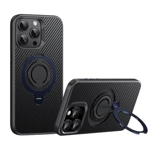 Funda de Teléfono Magsafe Fibra de Carbono iPhone 15 Pro Max Soporte Giratorio 360 (Negro y Azul)