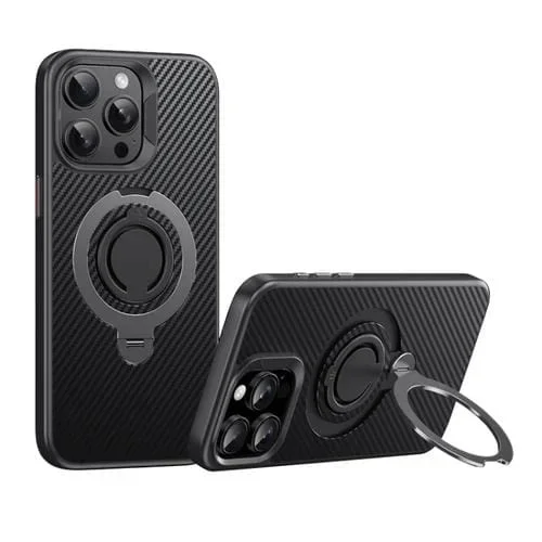 Funda de Teléfono Magsafe Fibra de Carbono iPhone 15 Pro Soporte Giratorio 360 (Negro y Gris)