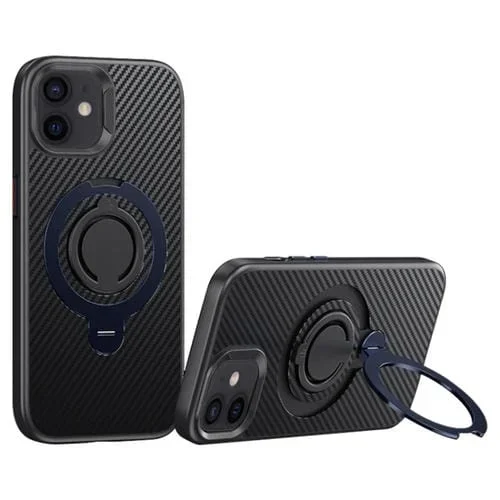 Funda de Teléfono Magsafe Fibra de Carbono para iPhone 12/12 Pro con Soporte Giratorio 360 (Negro y Azul)