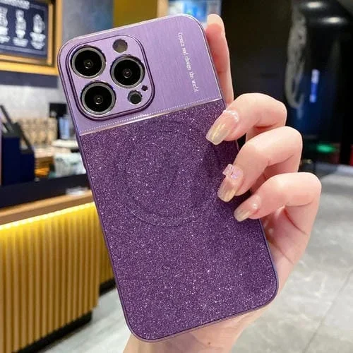 Funda de Teléfono Magsafe para iPhone 13 Pro Max a Prueba de Golpes con Polvo de Brillo Metálico Magnético (Púrpura)