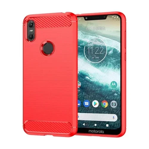 Funda de Teléfono Motorola Moto One TPU Fibra de Carbono Textura Cepillada (Rojo)