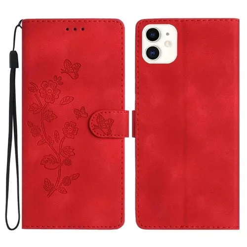 Funda de Teléfono para iPhone 11 Cuero Estampado Flores en Relieve (Rojo)