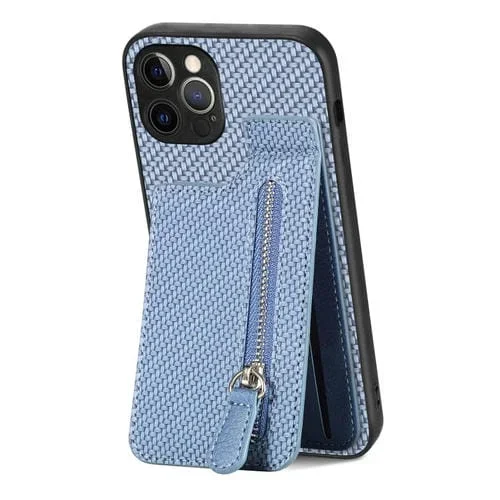 Funda de teléfono para iPhone 12 Pro Max con cremallera vertical de fibra de carbono (Azul)