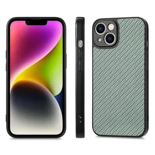 Funda de Teléfono para iPhone 13 con Tapa Trasera de Cuero y Textura de Fibra de Carbono (Verde)